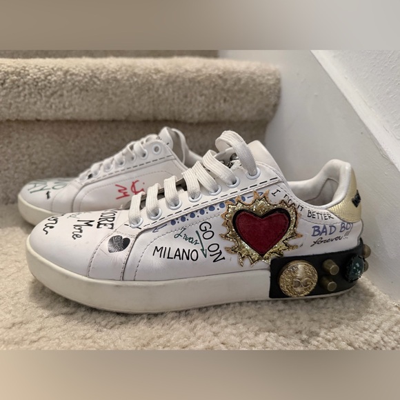 DOLCE & GABBANA DG Logo Heart Pearl Logo Low Top Sneaker PORTOFINO White Gold 7W - Picture 2 of 13